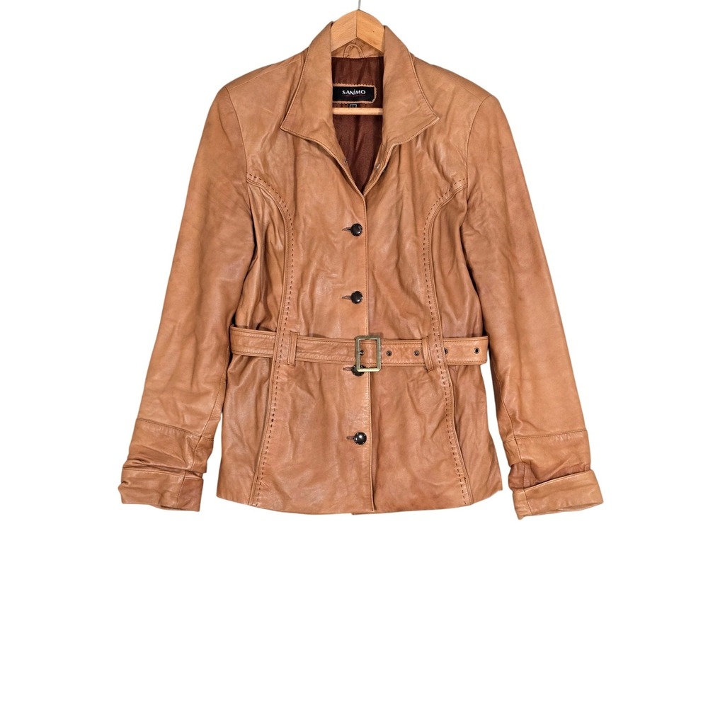 Sanimo Women's Tan Lambskin Leather Belted Button Blazer Jacket L